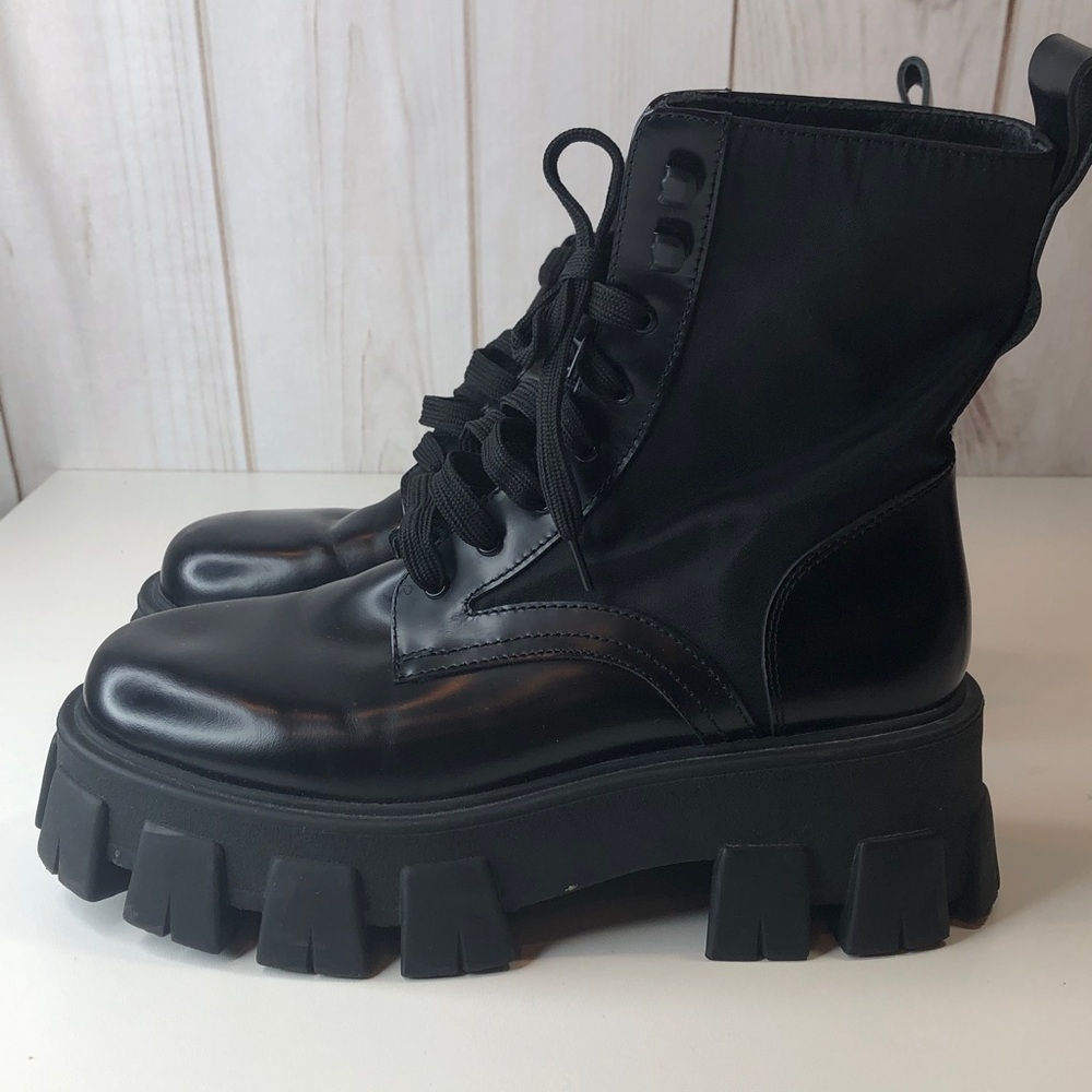 Prada Black Leather & Nylon Lug Sole Platform Combat Boots EU 38 Made in Italy - Picture 6 of 17